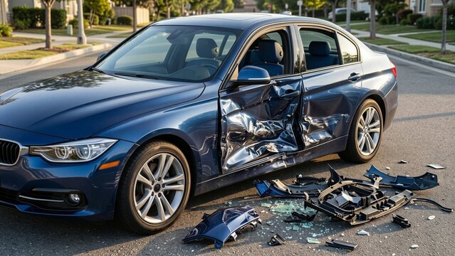 Blue Sedan Car with Severe Side Impact Damage and Debris on Road After Traffic Accident