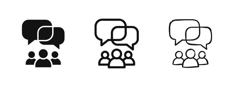 Group discussion and chat bubble icon set in flat, line, and sketch styles