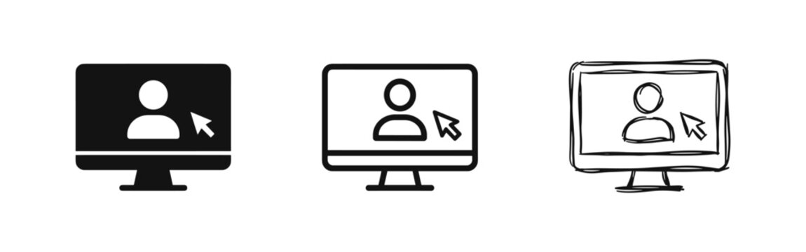 Computer screen with user profile icon set in flat, line, and sketch styles