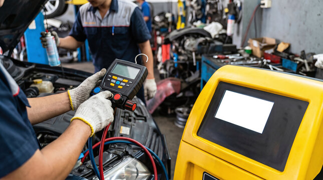 Car air conditioning repair and maintenance service, mechanic working with diagnostic tools under the open hood in a garage.