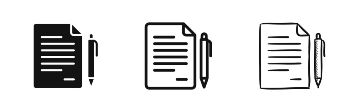 Set of document and pen icons, paper and writing equipment symbols