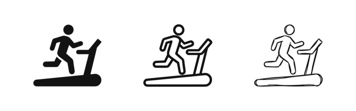 Set of person running on treadmill icons, fitness and cardio workout symbols