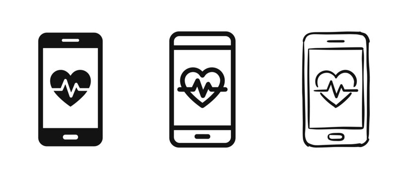 Mobile phone with heart rate monitor app icon set, health tracking concept