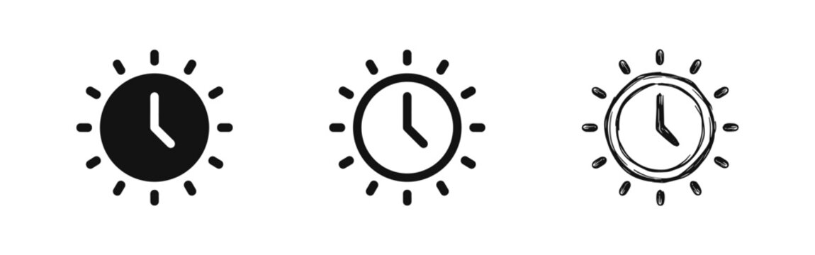 Set of three clock icons with sun design