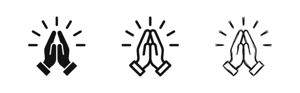 Praying hands icon set with light rays
