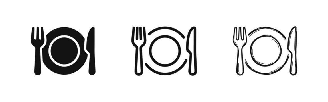 Dining Tableware Icons: Plate, Fork and Knife Set