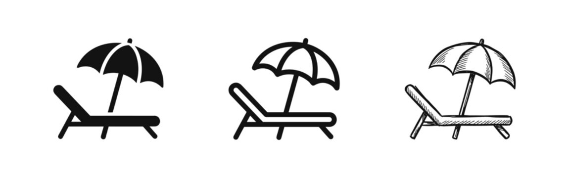 Beach chair and umbrella icon set, vacation, sunbed, solid, line and sketch styles