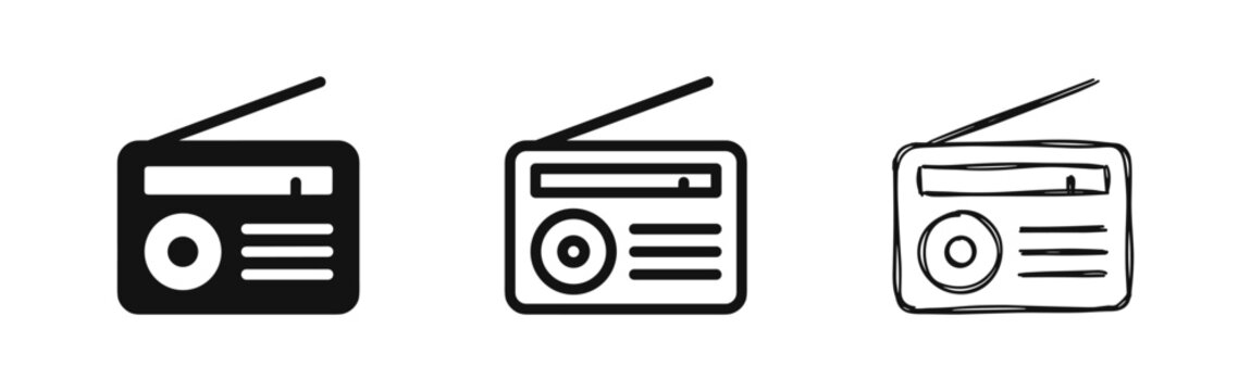 Radio icon set, broadcast, music, solid, line and hand-drawn sketch styles