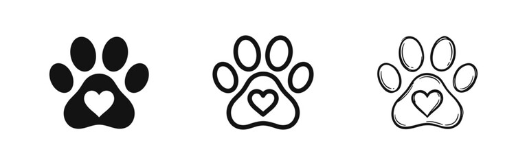 Animal paw print with heart icon set in solid, outline, and sketch styles © drawing lines