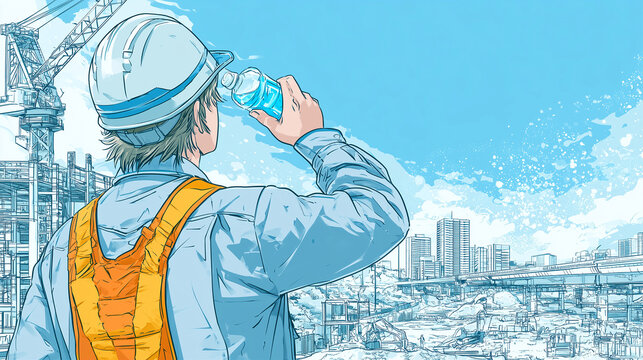 Construction site engineer in hardhat hydrating to prevent heatstroke under a blue sky