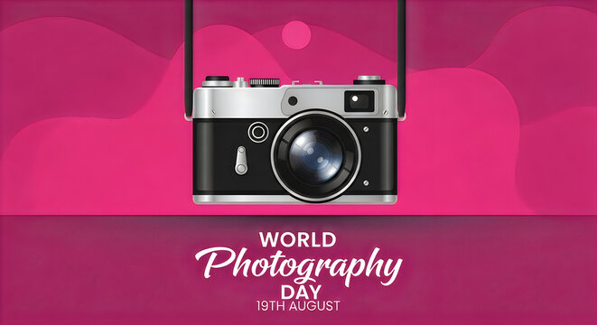 Vintage camera on pink background for world photography day celebration poster