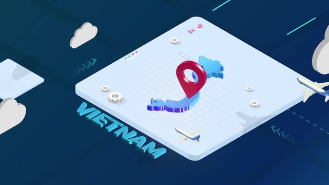 Isometric 3D Render of Vietnam Map with Red Location Pin Pointer and Floating Airplanes