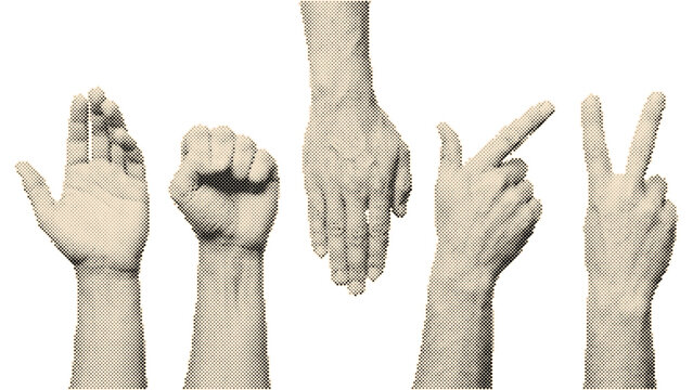 Five diverse raised hands with fingers showing numbers one to five in vintage retro halftone vector with circle dots pattern isolated on transparen...
