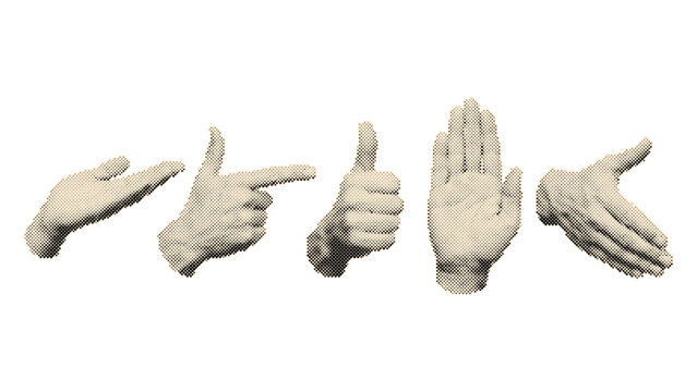 Five diverse hand gestures including thumbs up, pointing, open palm, and okay sign in vintage retro halftone vector with circle dots pattern isolat...