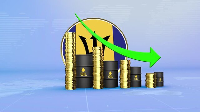 Barbados Oil Prices Decline with Oil Barrels, Gold Coins and Downward Green Arrow, 3D Economic and Financial Market Concept