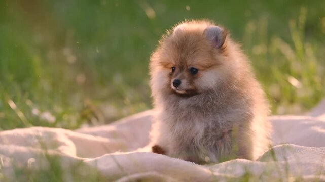 Fluffy sable Pomeranian spitz puppy standing on a blanket outdoors in a sunny park at sunset.