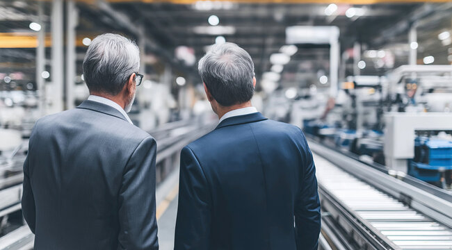 Two businessmen in formal suits walk together while touring a busy industrial manufacturing facility.