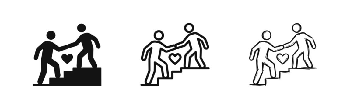 People helping each other on stairs icon set, teamwork and support concept