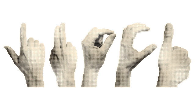 Five diverse hands showing thumbs up gesture in vintage retro halftone vector with circle dots pattern isolated on transparent background