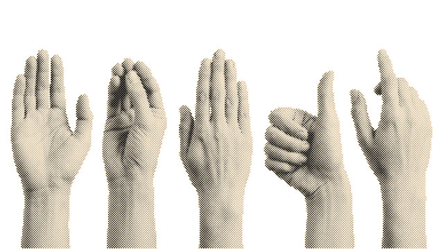 Five open human palms raised upward in vintage retro halftone vector with circle dots pattern isolated on transparent background