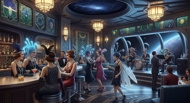 Galactic Jazz Age Speakeasy Party: Retro-Futuristic Flappers in a Space Lounge