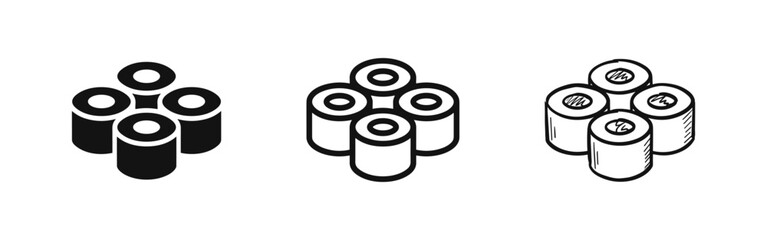 Set of sushi roll icons in solid, outline, and sketch styles © drawing lines