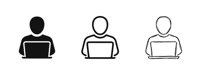 Set of person working on laptop icons in solid, outline, and sketch styles © drawing lines