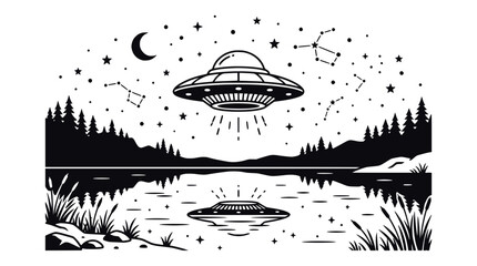 UFO over lake at night with stars and constellations, mysterious alien spacecraft © illustration