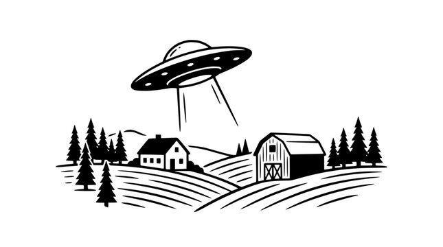 UFO Abducting Farmhouse with Barn and Trees, Rural Alien Invasion Scene
