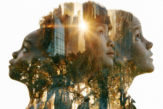 ESG and sustainable development concept. Double exposure profile portraits of diverse children looking up with hope, blending with green forest nature, modern city skyline, and bright sunlight on whit
