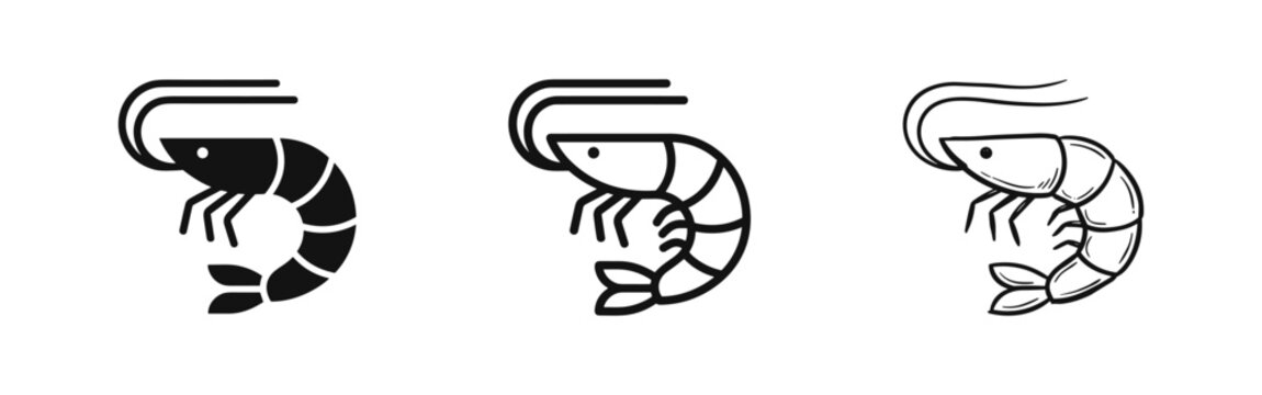 Shrimp sea food icon set, aquatic animal outline and solid style