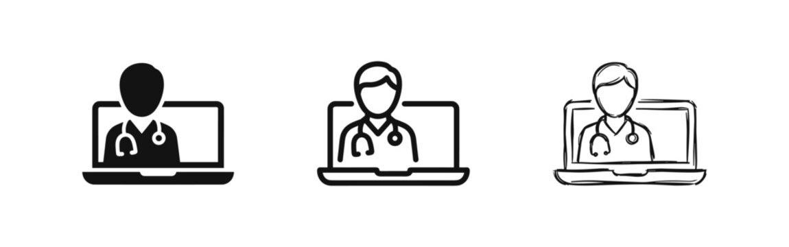 Telemedicine icon set, online doctor consultation on laptop