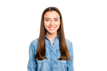 Fototapeta premium Portrait of positive cheerful girl have fun enjoy weekends listen to her friends feel content wear casual style clothes isolated over white color background