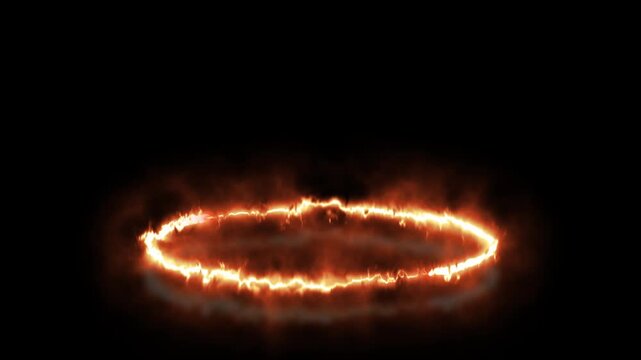 Cinematic 3d Circular Burning Fire Frame Animation with reflective Smoke Plasma Border on Black Background
