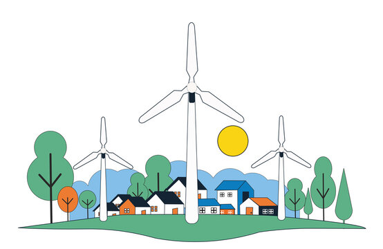 Flat vector illustration of hot air balloons flying above a vibrant village with trees and houses under a bright sun.