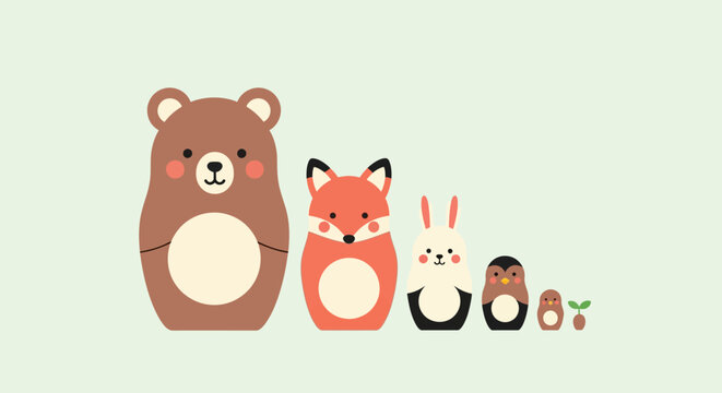Cute Nesting Dolls: Bear, Fox, Rabbit, Penguin, Seedling | Vector Art