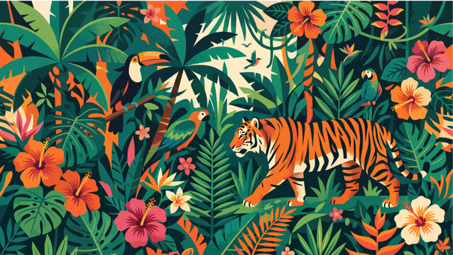 Tiger in tropical jungle background, vector illustration