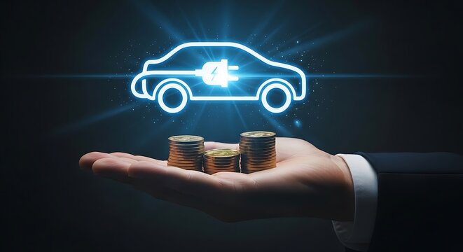 A glowing blue electric car icon hovers over stacks of coins on a persons hand