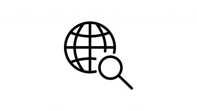 Globe With Magnifying Glass Animated Icon With Alpha Channel. Global Search, Internet Exploration, And Online Research Motion Graphic. Web Navigation, Seo. On Transparent Background