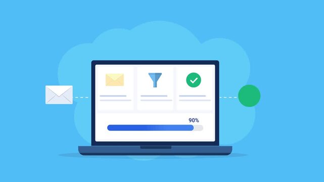 Animated flat vector illustration of a laptop displaying an email campaign dashboard with email, marketing funnel, and verification icons. Modern email marketing, campaign management, and business tec