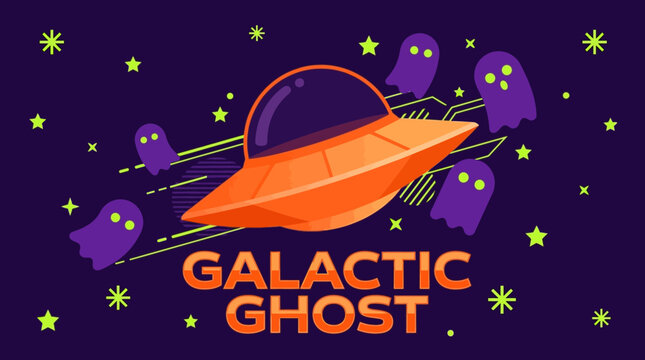 Retro Galactic Ghost Vector Art with Orange UFO and Spooky Space Characters