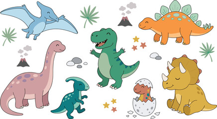 Cute Cartoon Dinosaur Character Set with Tyrannosaurus Rex, Triceratops, Brachiosaurus, Hatching Egg, and Prehistoric Volcano Elements for Kids Designs © Ismail