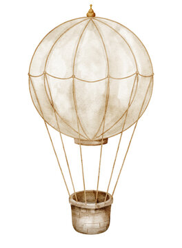 Hot air Balloon watercolor illustration. Pastel beige vintage aerostat with wicker basket and soft ropes on isolated background. Clipart for fantasy nursery posters or baby shower invitations.