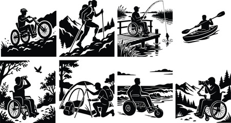 Naklejka premium Adaptive outdoor recreation silhouettes vector icon set featuring disabled people with prosthetics and wheelchairs camping, hiking, and fishing