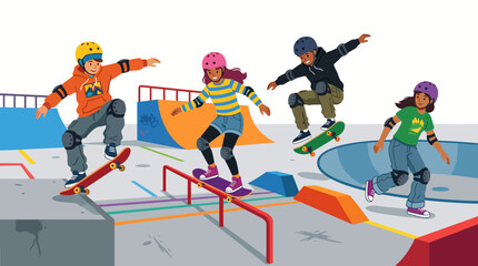 Fototapeta premium Teenagers skateboarding at a colorful skate park.