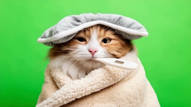 Static shot of cat wrapped in blanket with thermometer in mouth and ice pack on head against green background