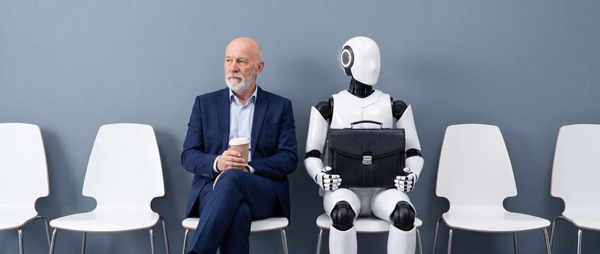 Man and robot sitting in office waiting area with briefcases