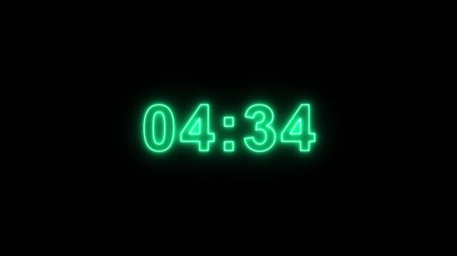 5 minutes countdown timer animation with glowing neon on black background with alpha channel. Cyan neon digital number clock timer animation.