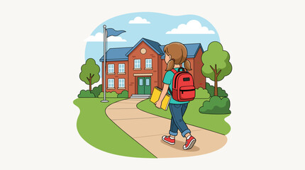 Naklejka premium vector girl with backpack walking cheerfully toward school building entrance