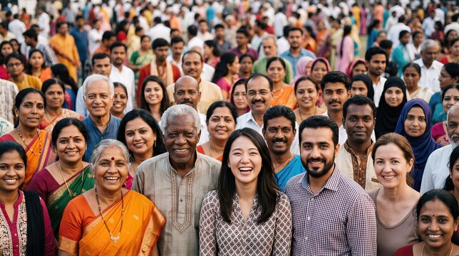 Diverse group of people standing together in a large crowd. Happy man, woman and elder smiling at the camera. Global world population demographic concept for World Population Day.